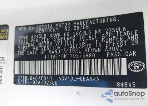 2007 Toyota Camry Le from USA, damaged, VIN 4T1BE46K17U575880